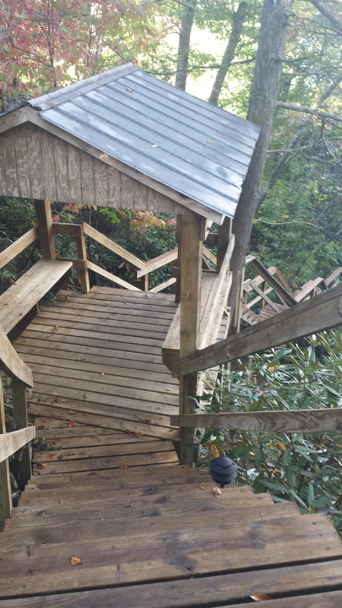 Metal roofed shelter over wooden steps on a wooded walkway — Skylight Repair & Installation work by our crew in Piffard